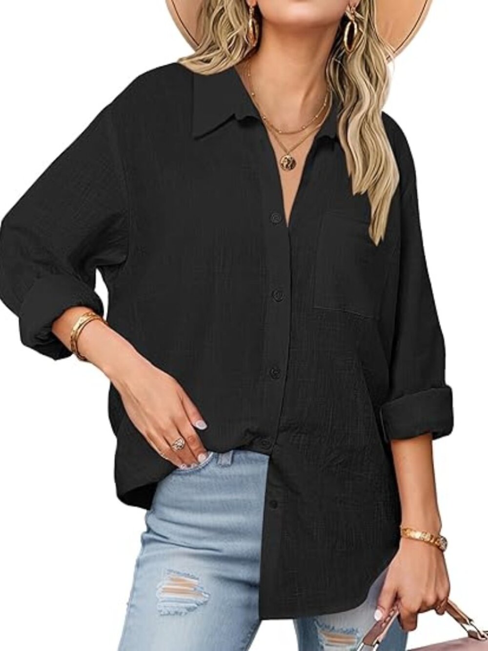 Zeagoo Cotton Gauze Button Down Shirt Long Sleeve Blouse